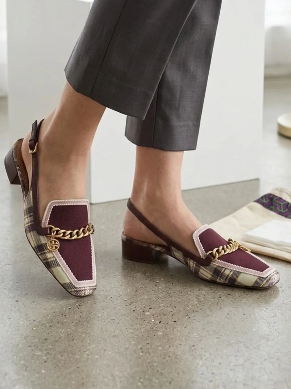 Tory Burch Mini Benton Charm Slingback Loafers Size 10.5 Plaid Burgundy